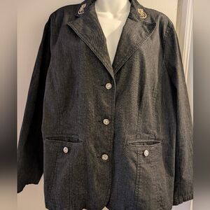 Simon Chang Women's Black Denim Blazer with Embroidered Details. Size 18